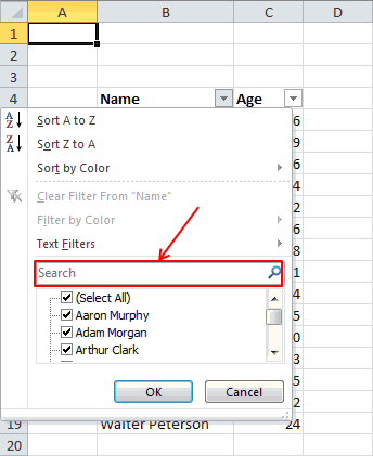 In Excel 2010, one of the handy features that was added is a filter search box for Autofilters.