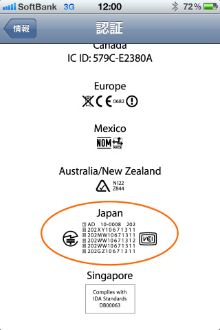 オレンジ色の楕円で囲んだ部分が日本の技適証明。