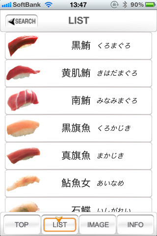 非常に細かく分類された寿司ネタ一覧。中には聞いた事も無いようなネタも。