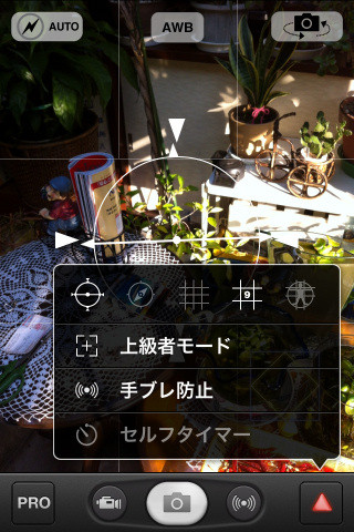 電子水準器やグリッドの表示などは画面右下の三角ボタンから行える。